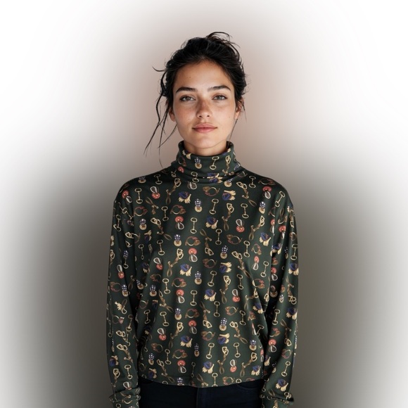 Talbots Tops - Vtg 90s Talbots Medium Equestrian Print Turtleneck Long Sleeve Top Horse Riding